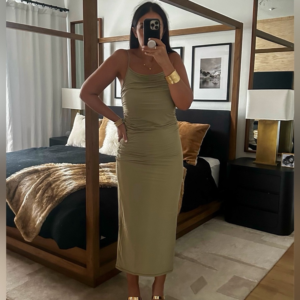 Aritzia Olive Green Midi Dress with Elegant Silhouette